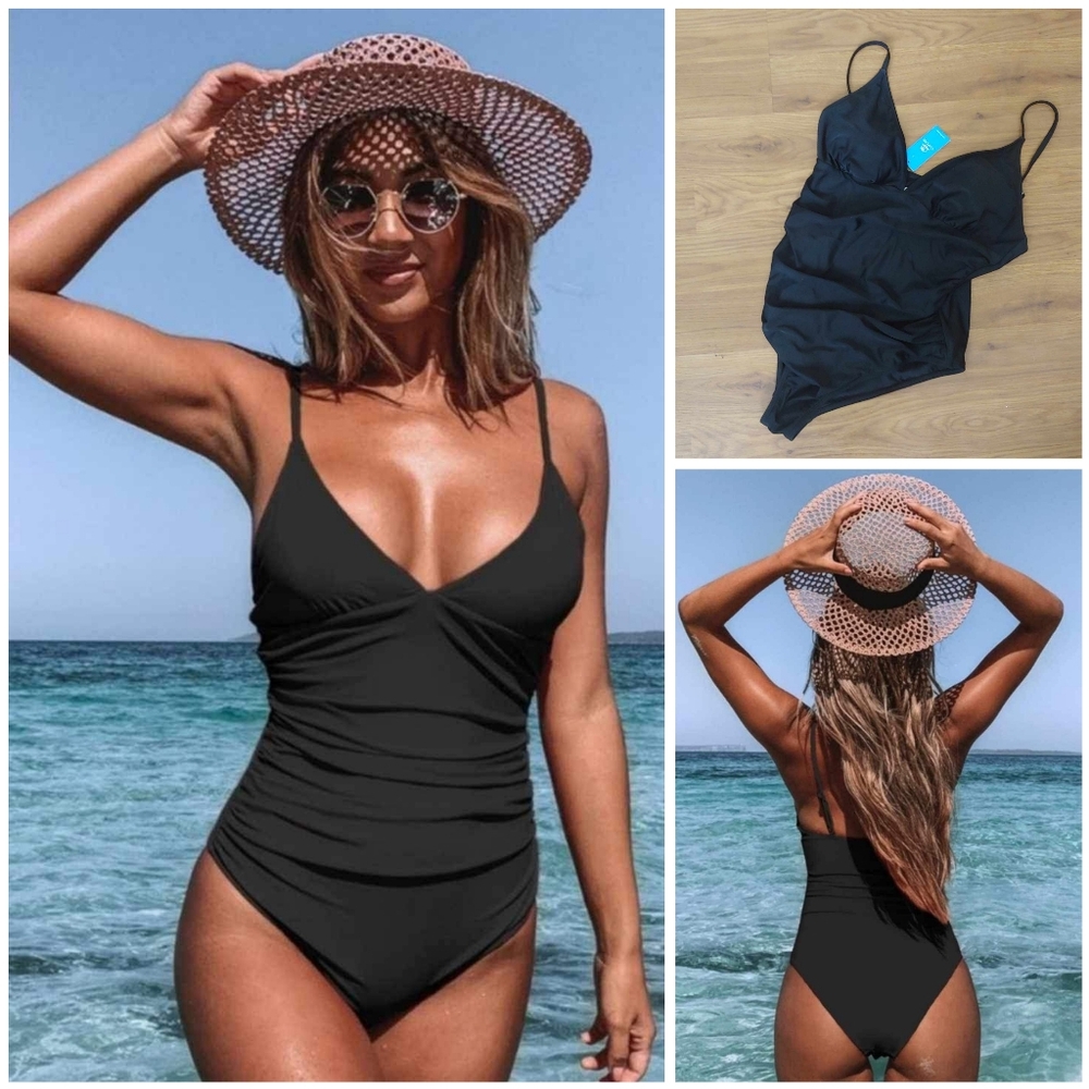 NWT Cupshe Black V One Piece Swimsuit Ruched Tummy Control Modest Bathing XL